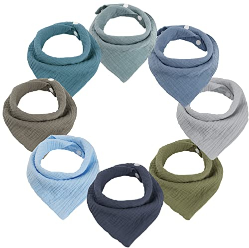 WD&CD 8 Stück Baby Dreieckstuch Lätzchen, Doppellagig Weiche & Absorbierende Musselin Halstüch Sabberlätzche mit 2 Verstellbares Druckknopf für Baby, Kleinkinder, Neugeborene, Jungen, Mädchen - Blau