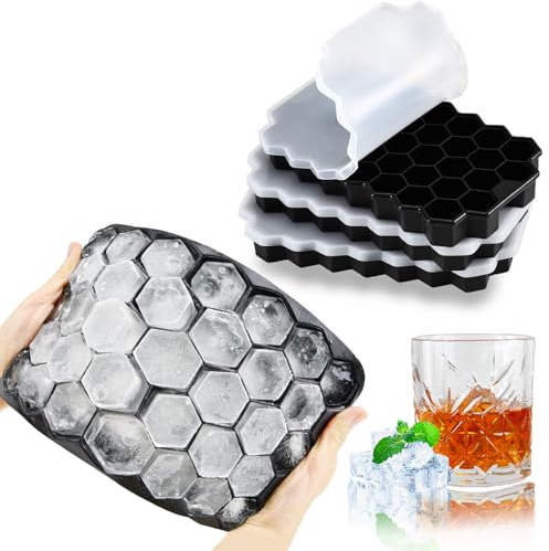 VoJoPi Ice Cube Tray, 3 Pack Silicone Ice Cube Moulds with Stackable Lids, Easy Release Silicone and Each Makes 37 Hexagonal Ice Cubes, Keep Gin, Drinks, Whiskey, Cocktails Cool and Fresher, Black