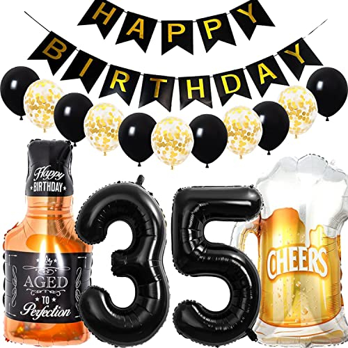 Conruich Geburtstagsdeko 35 Jahre Mann Frau, Luftballon 35. Geburtstag Deko Mann, Folienballon Zahl 35 Schwarz, Helium Ballon Whiskey Bierglas für 35. Geburtstag Manner Party Dekoration