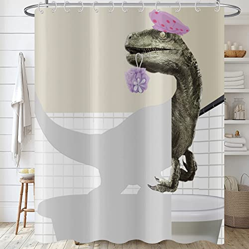 Hnmdmyi Duschvorhang Lustiger Dinosaurier 180x180, Niedlicher Badender Dino Raptor Kinder Badewanne Vorhang Cartoon Tier Kinder Kreativ Modern Wasserdicht Polyester Stoff Waschbar Badevorhang