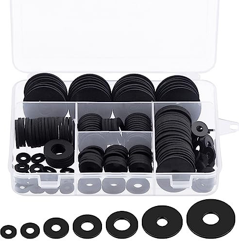 Glarks 175 pièces 7 tailles rondelles en caoutchouc plates combo Kit, 10/12 / 16/18 / 20/25 / 30MM rondelles de tuyauterie rondes plates rondelles en caoutchouc noir robuste rondelles d'amortiss