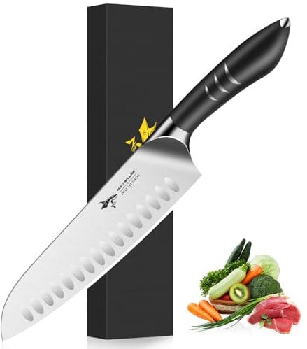 MAD SHARK Couteau Santoku de 20,3 cm - Couteau de cuisine japonais ultra tranchant en acier au carbone allemand - Manche ergonomique - Idéal pour couper, couper en dés et hacher - Cadeau unique pour