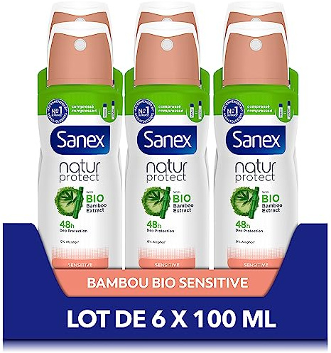 SANEX - Déodorant Spray Compressé Natur Protect Sensitive - Extrait De Bambou Bio & Poudre De Bambou Bio Naturelle - Protection Anti-Odeurs 48h - Pour Peaux Sensibles - Vegan - Lot De 6 x 100 ml