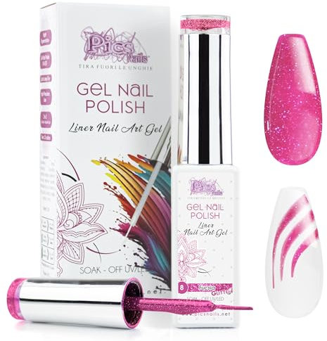 Smalto Semipermanente Liner Nail Art Gel per Unghie UV/LED 10 ml - Fucsia Glitter - Smalto Nail Art Gel Semipermanente con pennello Alta Precisione per Linee, Colori e Decorazione Unghie Professionale