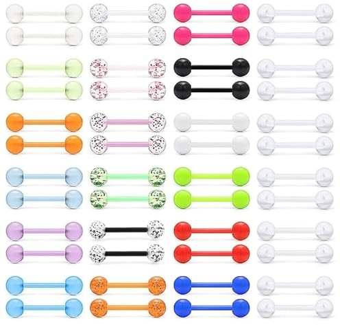 48 Lot Pièces Piercing Langue 14G en Plastique, Piercing Langue Acier Chirurgical 316L avec Boule, Ensemble de Barres de Mamelon de Langue en Acrylique, Piercing Barbell Barre de Langue Ensemble