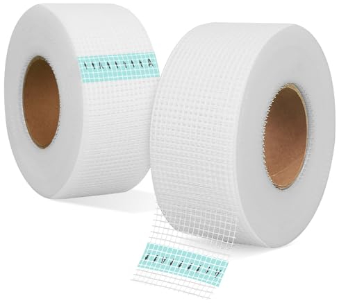 2 Rollos Cinta Malla de Fibra de Vidrio, Cinta Autoadhesiva Fibra de Vidrio Autoadhesiva Alta Resistencia para Unir y Enlucir Cinta Malla Rollo Tela para Rellenar Grietas y Reparar Juntas 50 mm x 45 m
