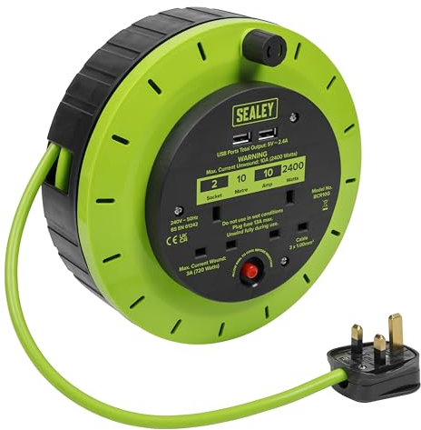 Sealey 10m Cassette Type Cable Reel Green with Thermal Trip 2 x 230V and 2 x USB - BCR10G