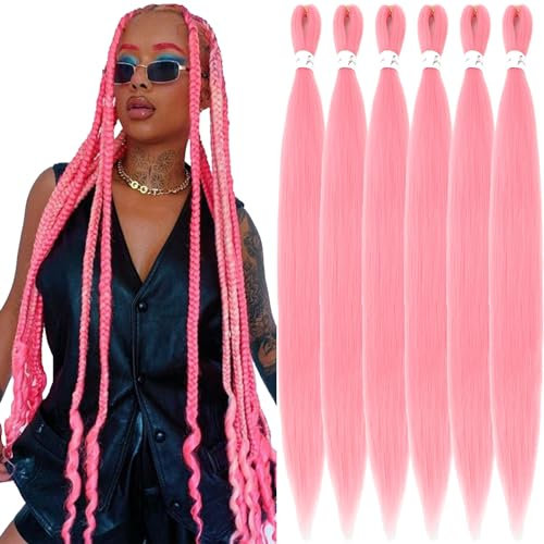 Xusuperb Rajout Cheveux Tressés Pré-étirés 30 Pouces Rose Kanekalon EZ Braids Meches Cheveux pour Tresses Africaine Lisse 6 Paquets Synthétique Yaki Pink Braiding Hair Extensions Pre Stretched(Rose#)
