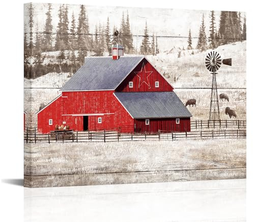 Apicoture Bauernhaus-Wanddekoration, rote Scheune, Windmühle, Bilder, Leinwand, Wandkunst, rustikale Landschaft, gerahmtes Kunstwerk (rot)
