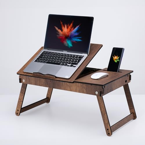 Vigo Wood Laptoptisch, Laptop-Ständer aus Holz für Bett, Verstellbarer Laptop-Schreibtisch und Knietablett mit integriertem Stauraum, Ergonomisches Design zum Lesen, Arbeiten