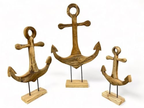 FaHome Handgefertigter Teakholz-Anker - Dekorative Skulptur - Hochwertige Handwerkskunst - Auf einem Sockel stehend (50 cm x 30 cm x 12 cm)