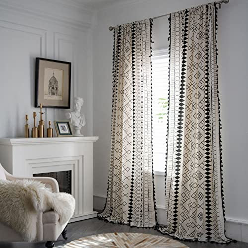 USTIDE Bohemian Black and White Curtains 2 Panels Vintage Geometric Semi Blackout Curtains with Tassels for Bedroom Living Room,59x86