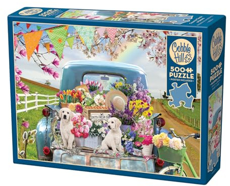 Cobble Hill 3845060 Truck im Frühling, 500 Teile Puzzle inkl. Puzzleposter für Erwachsene und Kinder ab 12 Jahren, Hunde, Blumen, Farm