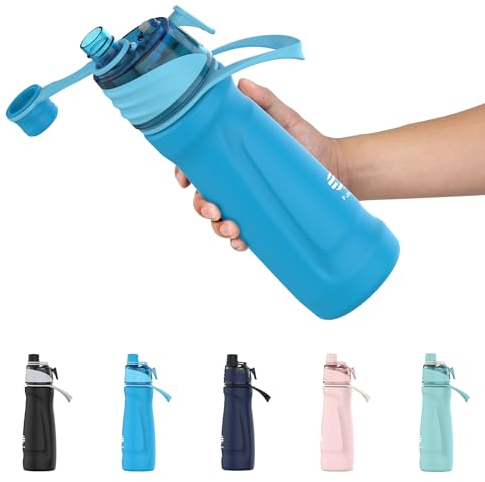 Healter 710ml Gourde Brumisateur Isotherme Gourde Inox Spray Bouteille Sport avec Brumisateur Intégré pour le Vélo, la Randonnée, le Sport, l'Hydratation et le Refroidissemen(Bleu)