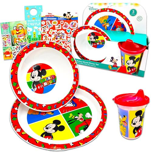 Ensemble de vaisselle Mickey Mouse pour enfants, tout-petits – Ensemble d'accessoires de cuisine Disney 3 pièces avec assiette, bol, tasse, autocollants, plus | Ensemble de couverts Mickey Mouse