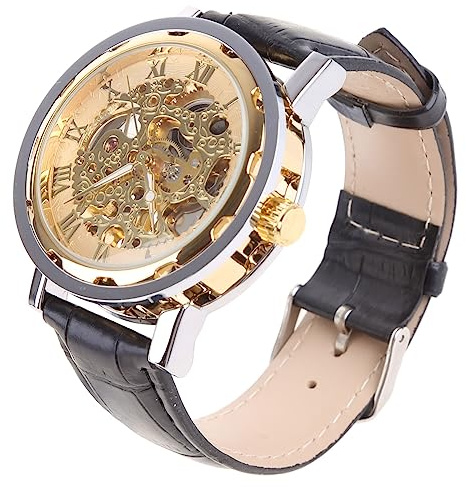 Ralondbey Mechanische Herren-Armbanduhr, schwarzes Leder, goldfarben, Skelett, Armband