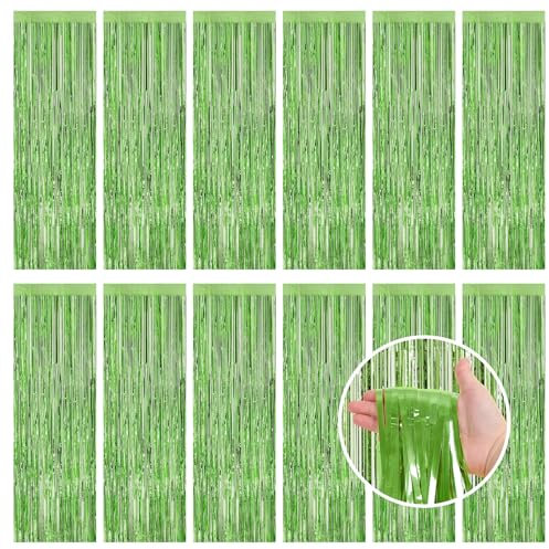 12 Pcs Light Green Metallic Tinsel Foil Fringe Curtains, 3.3ft x 8.2ft Tinsel Streamers Backdrop Door Curtains Hanging Streamers for Birthday Wedding Christmas Party Supplies(1m x 2.5m)