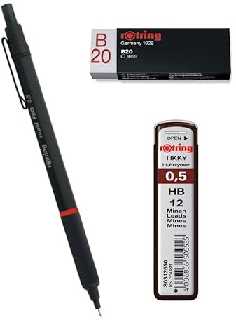 rOtring Rapid Pro Rapid Pro Bleistift, 0,5 mm, Schwarz, Set Tikky Hi-Polymer-Minen, 0,5 mm, HB und Radiergummi B20