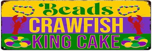 Blechschild mit Mardi Gras Perlen, Crawfish King Cake Print Blechschild Wand Tür Dekor Lila Grün Gold Karneval Handwerk Dekorationen für Zuhause, Bauernhaus, Bar, Küche, Geschäft, Hof, 40,6 x 10,2 cm,