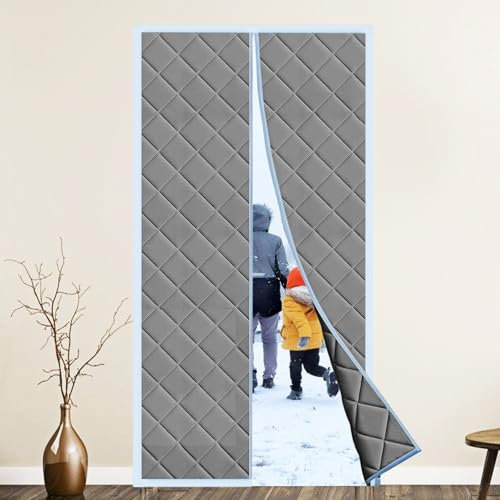 Magnet Wärmeschutzvorhang Für Türen, 70x200 CM Thermo Türvorhang Kälteschutz, Fliegengitter Balkontür, Wasserdicht, Winddicht, Verdickter Oxford-Stoff Thermvorhang, Für Haustür Terrassentür (Grau)