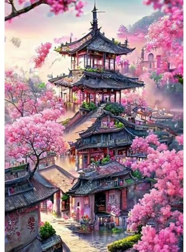 DAERLE Paysage de fleurs de cerisier Peinture Diamant Adulte, 5D Diamond Painting Complet Paysage de fleurs de temples, Diamant Strass Point de Croix Cristal Painting Kit Murale Décoration 30x40cm