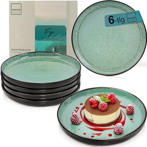 Sänger Fiji | Dessertteller 6 teilig, Steingut Teller Set 6 Personen, Kuchenteller kleine Teller spülmaschinenfest mikrowellenfest multifunktional, Steingut Geschirr dunkelgrün | VALUE COLLECTION