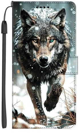 EuoDuo Kompatibel mit iPhone 8 / iPhone 7 Hülle zum Klappen PU Leder Handyhülle Brieftasche mit Tier Motiv Magnet Klapphülle Flip Schutzhülle Cover - Wolf Braun Schwarz