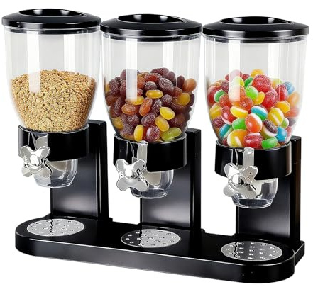 Felenny Triple Food Dispenser Cereal Dispenser Countertop | 2L Triple Countertop Dry Food Dispenser Cereal Container Dispenser for Kitchen, Food Storage for Rice Candy Bean Nuts (Black)
