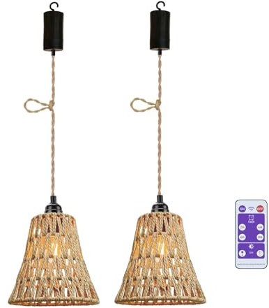 Lot de 2 lampes suspendues bohème avec piles - Corde de chanvre torsadée - Lampe portable - Panier en rotin - Abat-jour sans prise électrique - Lanternes pour jardin, balcon, décoration de Noël