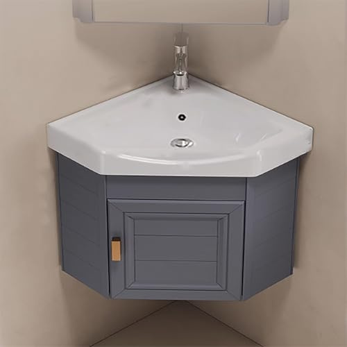 GSATREY Eckwaschbecken Mit Unterschrank, Wandmontiertes Keramik Waschbecken, Badezimmer-Waschbecken, Mit Wasserhahn, Badunterschrank Waschbecken, Badmöbel-Set, Für Badezimmer(Gray,48cm/18.9in)