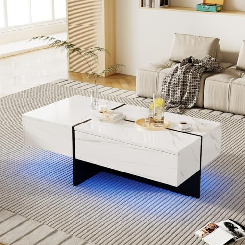 Generisch Moderner Hochglanz-Couchtisch mit LED-Beleuchtung 100x50x34,5cm, rechteckiger Wohnzimmertisch mit 3 Schubladen, Kaffeetisch/Sofatisch geeignet für Wohnzimmer oder Büro (weiß)