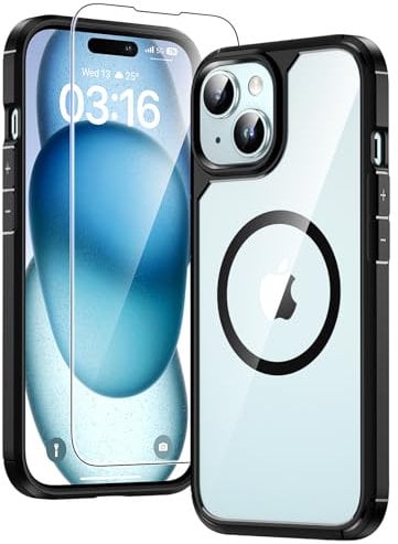TAURI Coque Magnétique pour iPhone 15[Protection Militaire] avec Protection D'écran en Verre Trempé [Compatible avec MagSafe] -Coque Mince 6,1 Pouces-Noir
