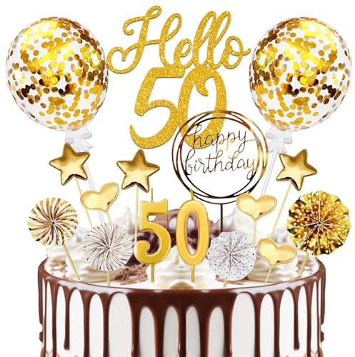 Tortendeko 50 Geburtstag Mann Frau, 20 Pcs Gold Kuchendeko 50. Geburtstag, Hello 50 Torten Deko mit Geburtstagskerzen, für 50 Geburstagstorte Deko