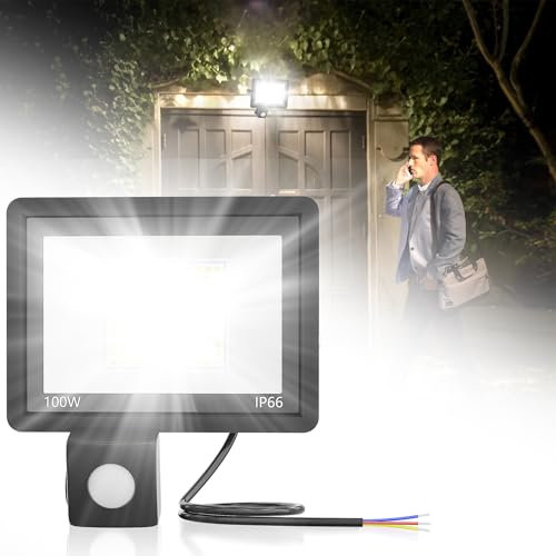 XMTECH 100W LED Strahler mit Bewegungsmelder Außen Außenstrahler, Fluter Flutlicht Scheinwerfer mit Lichtsensor für Garten Garage Kaltweiß