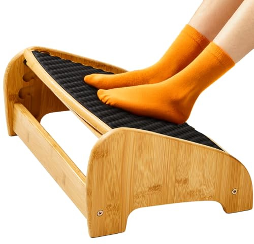 HUANUO Poggiapiedi Scrivania Bambù, Poggiapiedi Ergonomico con 4 Opzioni di Altezza e Angoli Regolabili, Superficie Massaggio Ciottoli, Antiscivolo per Migliorare Postura, Casa e Ufficio