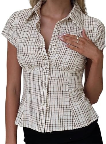 ensswliz Women Y2k Short Sleeve Plaid Shirts Button-up Collared Slim Fit Crop Tops Summer Casual Going Out Blouse Tops (A-Coffee, S)