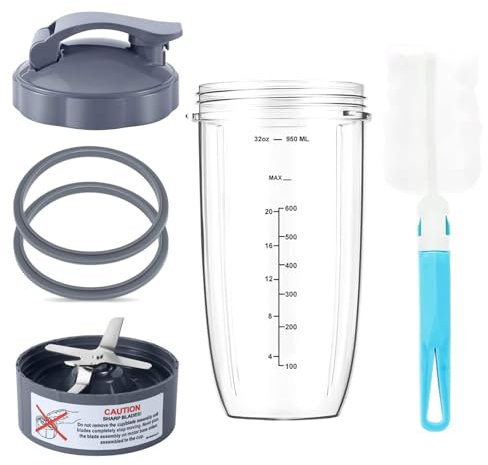 32oz Blender Cups & Blade Replacement Set - Blender Replacement Parts Extractor Blade and 32oz Huge Cup, Flip-Top to-Go Lid, 2 Rubber Gaskets & Cleaning Brush for NutriBullet 600W/900W Blender