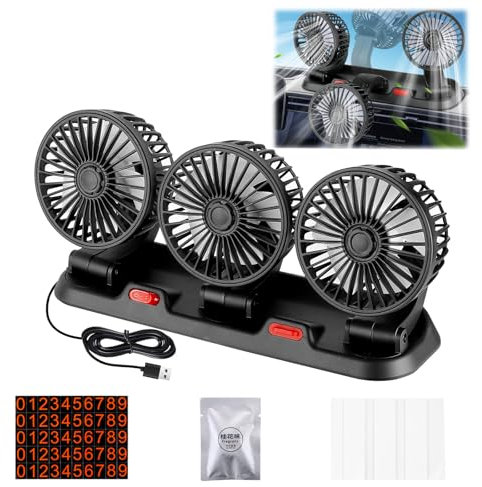 Carseatty Auto Ventilator, Dreiköpfiger 360° USB Ventilator Auto, Kfz Lüfter, Dreiköpfiger Ventilator für LKW, Wohnmobil, Auto Van SUV, RV, Boot, Wohnwagen (mit Dufttabletten)