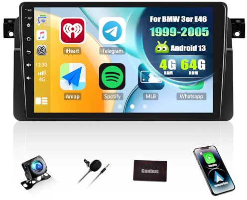 [4+64G] SIXWIN Android 13 Radio Coche para BMW 3er E46 1999-2005,9 Pulgadas Pantalla Táctil con Bluetooth/WiFi/GPS/FM/RDS/USB 32EQ con Cámara Trasera