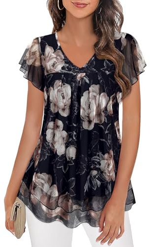 Syphiby Dresses for Women UK Ladies Tops and Blouses Chiffon Blouse Ruffle Short Sleeve Top Summer Formal Tops Casual Floral Tunics for Leggings & Layered Mesh Tops Black Coffee