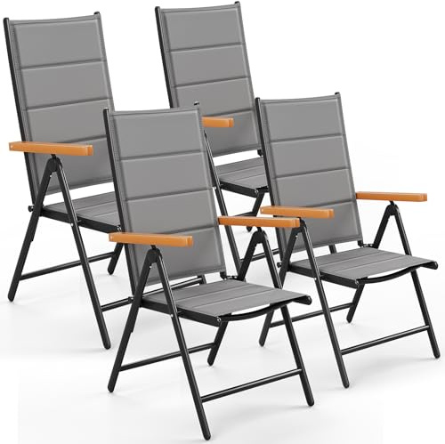 LIFERUN Set di 4 sedie da giardino con schienale alto, Sedia pieghevole in Alluminio, braccioli in WPC, schienale trapuntato e regolabile in 7 posizioni, per ristoranti, piscine, patii, grigio, 4 PCS