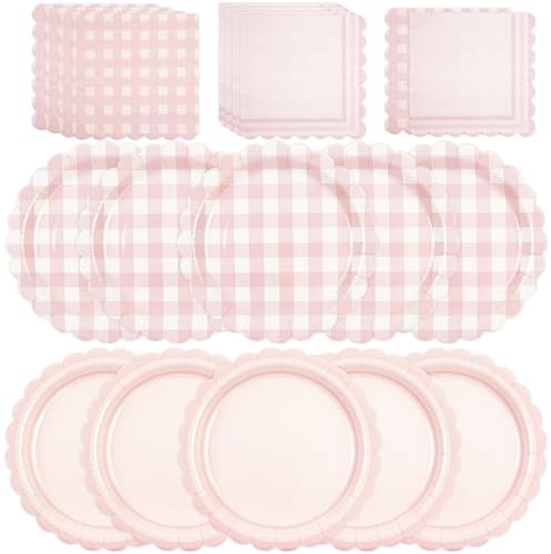 HiEnjoin 48 piezas de platos de papel rosa con borde ondulado de gingham y servilletas, platos de papel desechables con patrón a cuadros, platos de papel decorativos de gingham para fiestas de baby