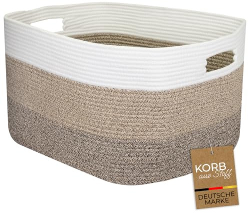 HMF XXL Wäschekorb aus Baumwolle, rechteckiger Aufbewahrungskorb mit Tragegriffen | 55 x 43 x 30 cm | Weiß-Braun