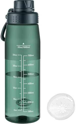 GOPPUS 1L/32oz Clear Tritan Water Bottle with Screw Lid, Drinks Bottle with Wide Mouth, Fruit Infuser, Leakproof, BPA Free, Carry Handle, Measurement Markings, Dust Cap (Dark Green)