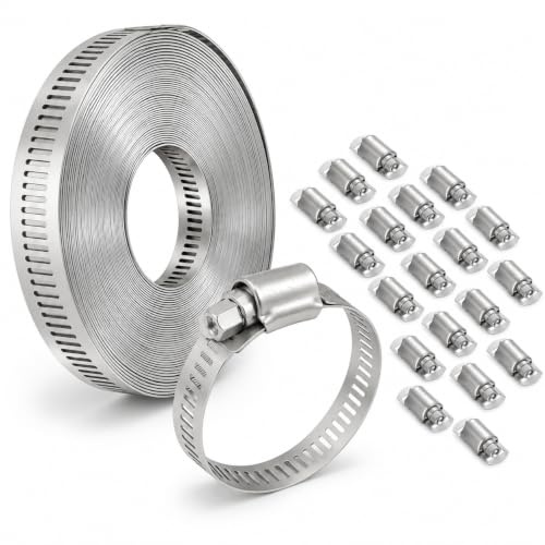 10m Hose Clamp Kit, 304 Stainless Steel Band with 20 Fasteners, Adjustable Worm Drive Hose Clips for Pipes, Ducting and Automotive Use