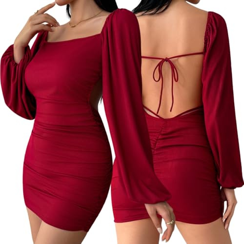 Hanaoops Women's Sexy Mini Dress Long Sleeve Square Neck Party Dress Bodycon Backless Ruched Dresses Wrap Tie Slim Fit Short Dresses for Cocktail Party Night Out Clubwear Outfit Red