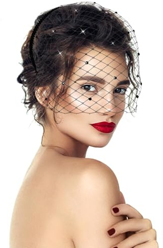 Fascinator Damen Schwarz – eleganter Fascinator mit schwarzer Schleier Mesh, Haarreif mit Schleier für Hochzeiten, Cocktail & Halloween – kleiner Vogelkäfig-Braut-Kopfschmuck Teeparty Haarschmuck