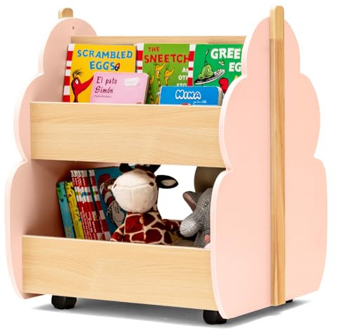 COSTWAY Bibliothèque Enfants en Bois avec Forme d’Arbre, Étagère de Rangement Enfants avec 4 Roues Universelles (52x46x62,5 cm,Rose)