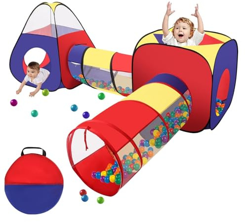 GREENSAPPIRE 4-in-1 Spielzelt mit Tunnel für Kinder – Pop-Up Krabbeltunnel Set mit Bällebad & Aufbewahrungstasche, Atmungsaktiv, Leicht Faltbar, Für Drinnen und Draußen, Jungen & Mädchen