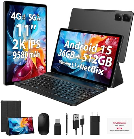 WOREGOO 11 Pollici Tablet Android 15, 4G LTE e 5G WiFi, Octa-Core, 36GB RAM+512GB ROM (1TB TF), 2K 2000x1200 FHD Display, Widevine L1, GMS/GPS/8+13MP/Batteria 9580mAh con Tastiera+Mouse(Nero)